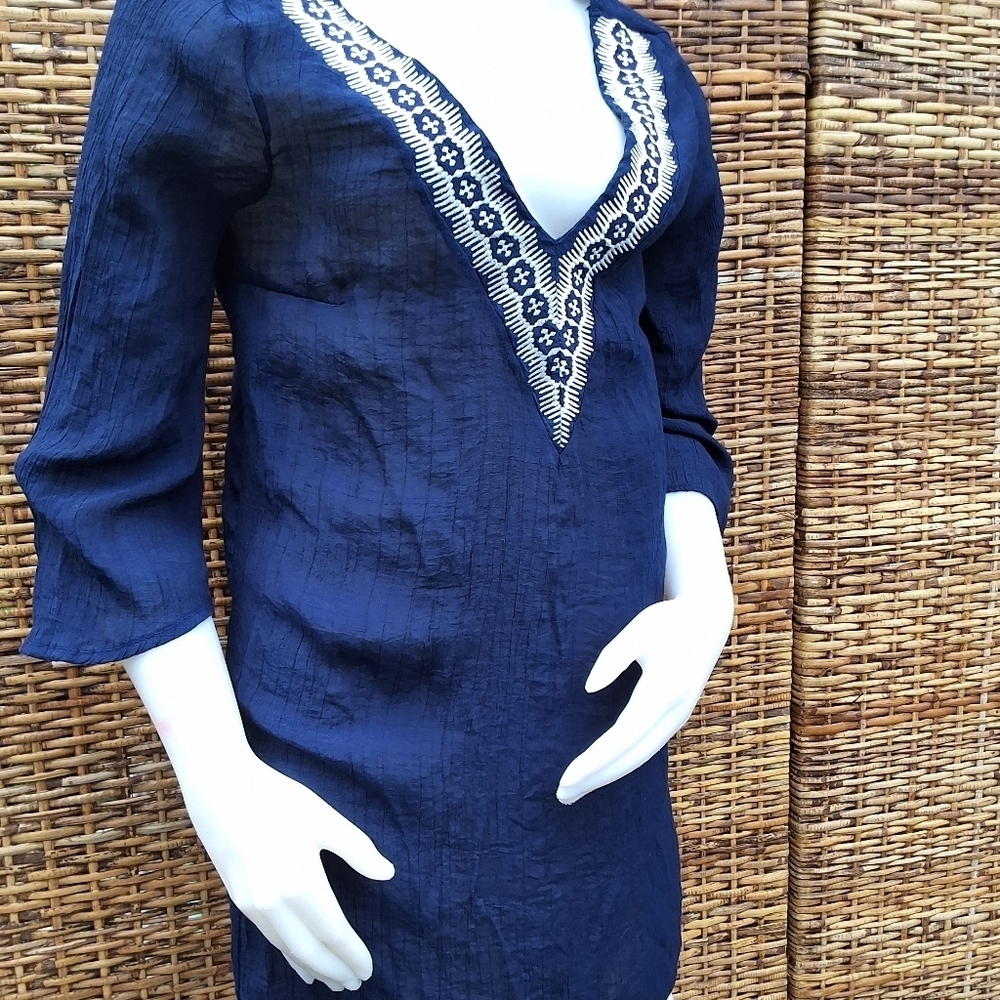 Kona Sol Deep Blue Gauzy Tunic with Elegant Embroidy Swim Cover Up M - Picture 8 of 15